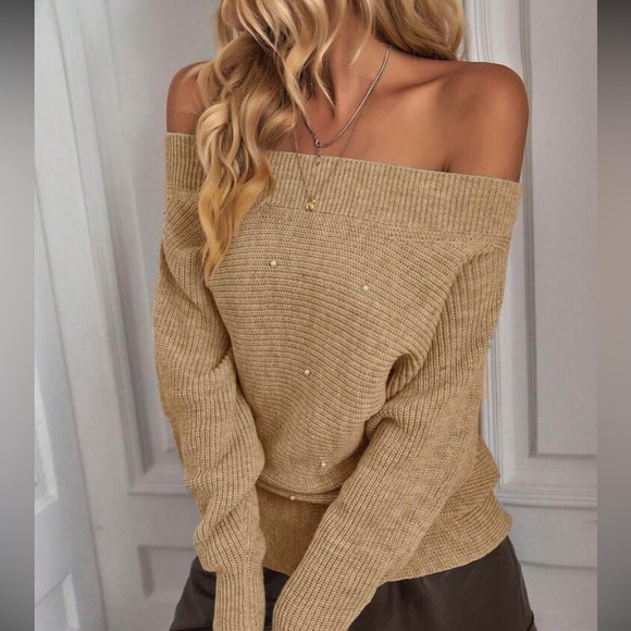 Cozy khaki Off Shoulder Oversized Sweater Top LAST PACK - Picture 5 of 6